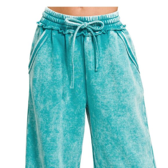 #303 ACID WASH FLEECE PALAZZO PANTS WITH POCKETS - Picture 2 of 7